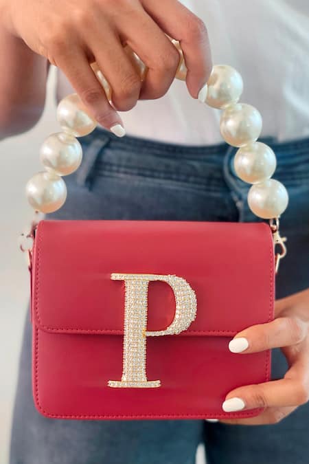 PRERTO Red Personalized Letter Embellished Bag 