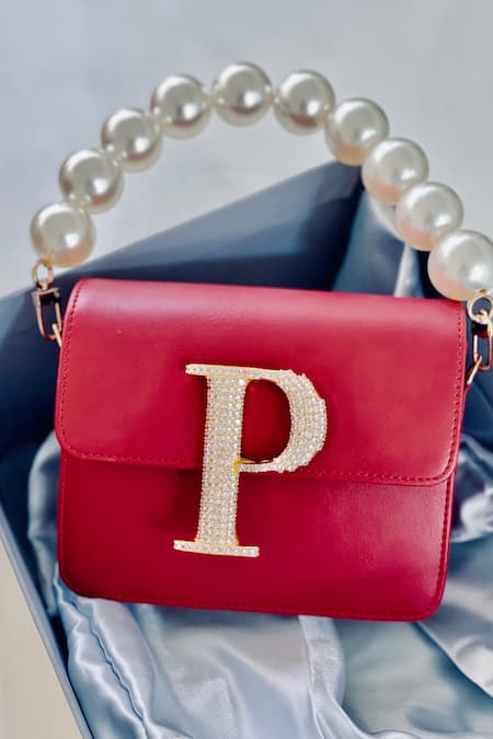 Shop PRERTO Red Personalized Letter Embellished Bag at Aza Fashions Shop_PRERTO_Red Personalized Letter Embellished Bag _at_Aza_Fashions