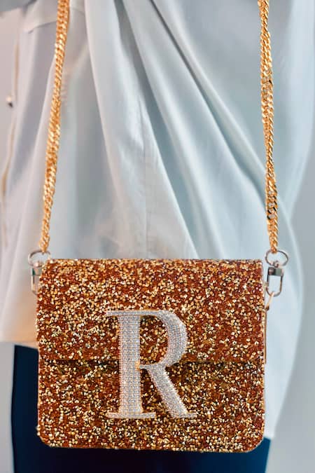PRERTO Gold Glitter Embellished Crossbody Bag Online at Aza Fashions PRERTO_Gold Glitter Embellished Crossbody Bag _Online_at_Aza_Fashions