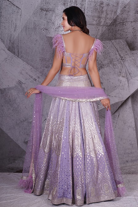 Shop Archana Kochhar Purple Georgette, Net Sequins, Feathers, Stonework Embellished Lehenga Set at Aza Fashions Shop_Archana Kochhar_Purple Georgette, Net Sequins, Feathers, Stonework Embellished Lehenga Set _at_Aza_Fashions