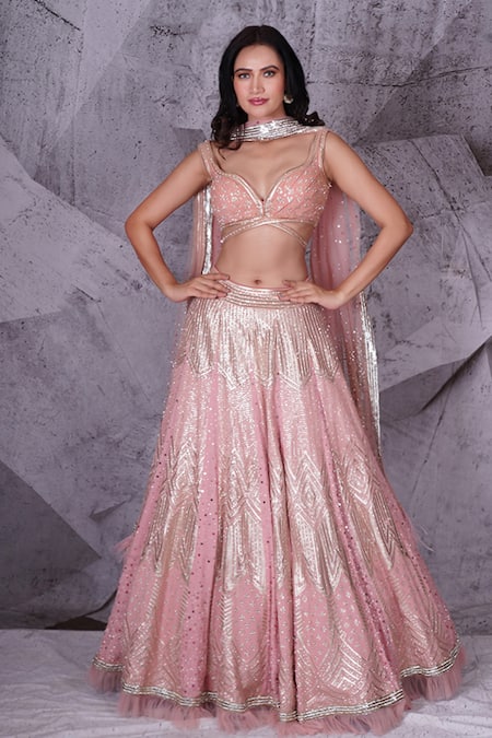 POWDER PINK LEHENGA SET WITH MULTI COLOURED EMBROIDERY, “ABLA” AND GOTA  WORK PAIRED WITH A MATCHING DUPATTA AND SILVER EMBELLISHMENTS. - Seasons  India