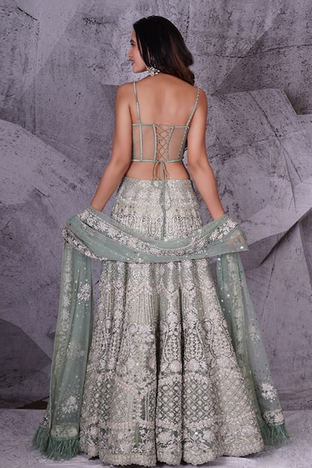Shop Archana Kochhar Green Net Sequins, Crystals Sweetheart Neck Embellished Lehenga Set at Aza Fashions Shop_Archana Kochhar_Green Net Sequins, Crystals Sweetheart Neck Embellished Lehenga Set _at_Aza_Fashions