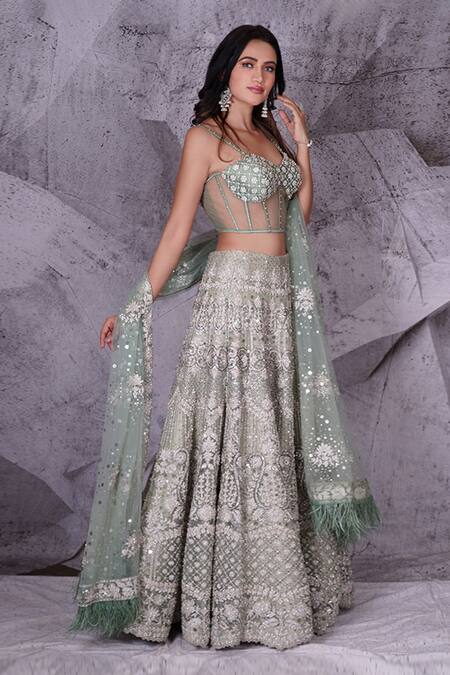 Archana Kochhar Green Net Sequins, Crystals Sweetheart Neck Embellished Lehenga Set Online at Aza Fashions Archana Kochhar_Green Net Sequins, Crystals Sweetheart Neck Embellished Lehenga Set _Online_at_Aza_Fashions