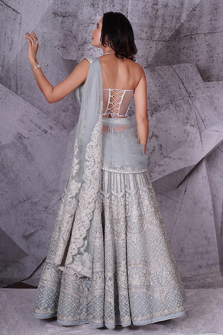 Shop Archana Kochhar Blue Chiffon Crystals, Sequins Sweetheart Neck Embellished Floral Lehenga Set at Aza Fashions Shop_Archana Kochhar_Blue Chiffon Crystals, Sequins Sweetheart Neck Embellished Floral Lehenga Set _at_Aza_Fashions