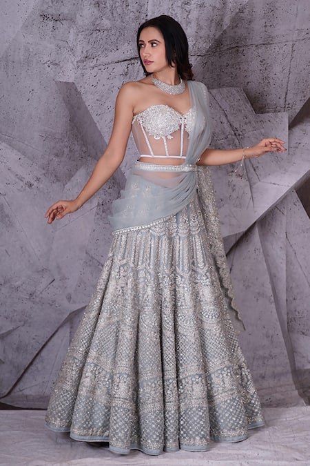 Archana Kochhar Blue Chiffon Crystals, Sequins Sweetheart Neck Embellished Floral Lehenga Set Online at Aza Fashions Archana Kochhar_Blue Chiffon Crystals, Sequins Sweetheart Neck Embellished Floral Lehenga Set _Online_at_Aza_Fashions