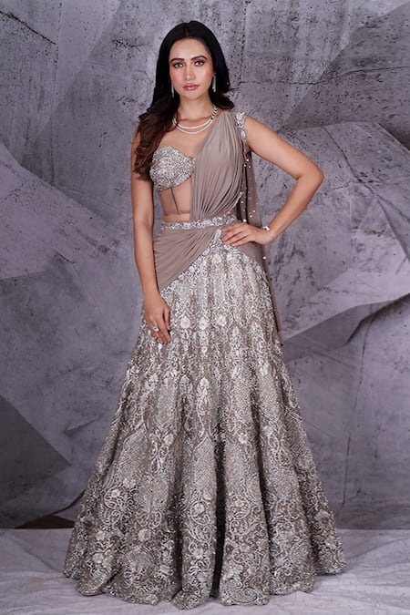 Hand Embroidered Net Lehenga in Grey : LAD57