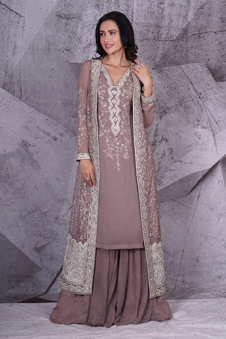 Archana Kochhar Grey Palazzo And Kurta Georgette Embellished Sequin Jacket Open Crystal Set 