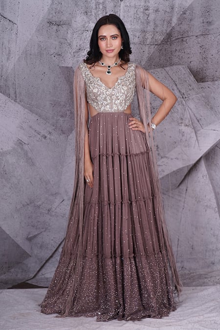 Archana Kochhar Grey Georgette Kasab Thread Embroidery V Neck Cosmo Enchanted Tiered Anarkali 