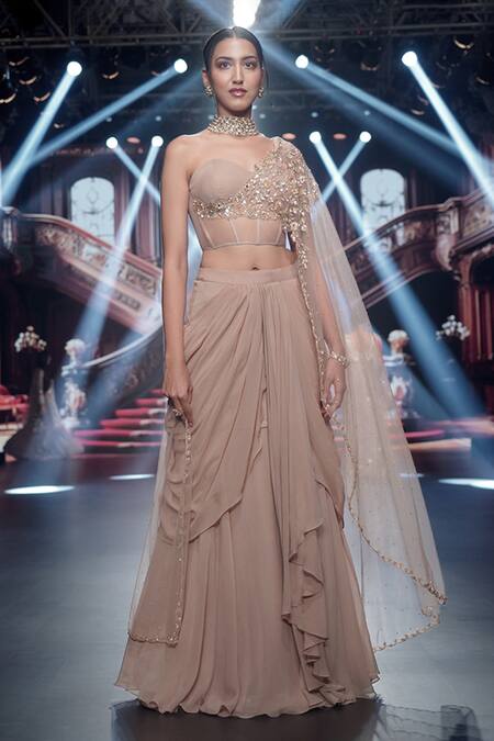 Archana Kochhar_Beige Net, Georgette Helix Bloom Embellished Corset With Draped Dhoti Skirt _Online_at_Aza_Fashions