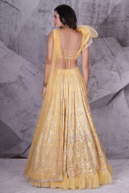 Shop Archana Kochhar Yellow Georgette, Net Sequins, Embroidery Lucknowi Prism Lehenga Blouse Set at Aza Fashions Shop_Archana Kochhar_Yellow Georgette, Net Sequins, Embroidery Lucknowi Prism Lehenga Blouse Set _at_Aza_Fashions