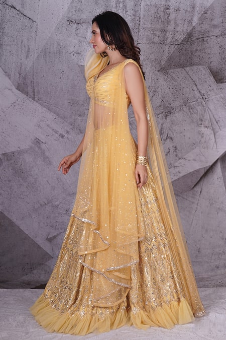 Archana Kochhar Yellow Georgette, Net Sequins, Embroidery Lucknowi Prism Lehenga Blouse Set Online at Aza Fashions Archana Kochhar_Yellow Georgette, Net Sequins, Embroidery Lucknowi Prism Lehenga Blouse Set _Online_at_Aza_Fashions