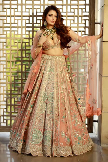 Osaa by Adarsh Coral Organza Applique Embroidered Aari Blouse Bridal Lehenga Set  