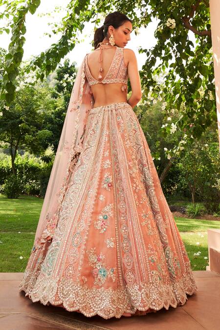 Shop_Osaa By Adarsh_Coral Organza Applique, Zari, Diamonds, Aari Blouse Bridal Lehenga Set_at_Aza_Fashions