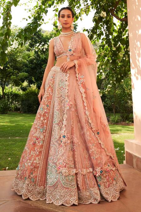 Osaa By Adarsh_Coral Organza Applique, Zari, Diamonds, Aari Blouse Bridal Lehenga Set_at_Aza_Fashions