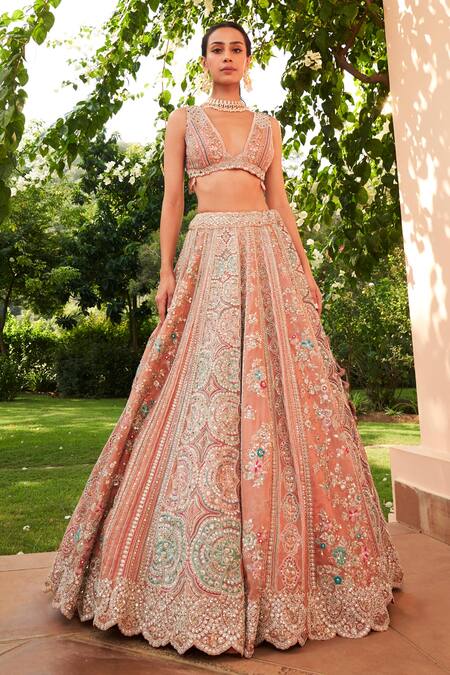 Shop_Osaa By Adarsh_Coral Organza Applique, Zari, Diamonds, Aari Blouse Bridal Lehenga Set