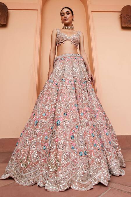 Osaa By Adarsh Coral Organza Diamonds, Embroidery, Zari French Knots Blouse Bridal Lehenga Set Online at Aza Fashions Osaa By Adarsh_Coral Organza Diamonds, Embroidery, Zari French Knots Blouse Bridal Lehenga Set_Online_at_Aza_Fashions