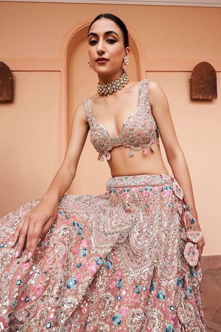 Buy Osaa By Adarsh Coral Organza Diamonds, Embroidery, Zari French Knots Blouse Bridal Lehenga Set Online at Aza Fashions Buy_Osaa By Adarsh_Coral Organza Diamonds, Embroidery, Zari French Knots Blouse Bridal Lehenga Set_Online_at_Aza_Fashions