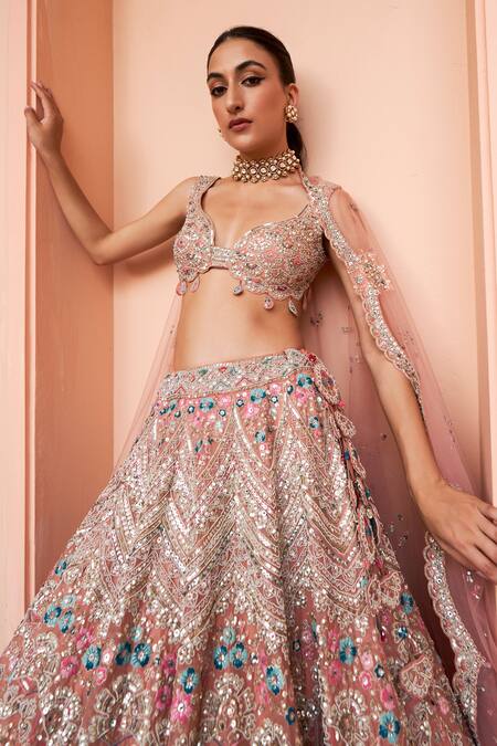 Shop Osaa By Adarsh Coral Organza Diamonds, Embroidery, Zari French Knots Blouse Bridal Lehenga Set Online at Aza Fashions Shop_Osaa By Adarsh_Coral Organza Diamonds, Embroidery, Zari French Knots Blouse Bridal Lehenga Set_Online_at_Aza_Fashions