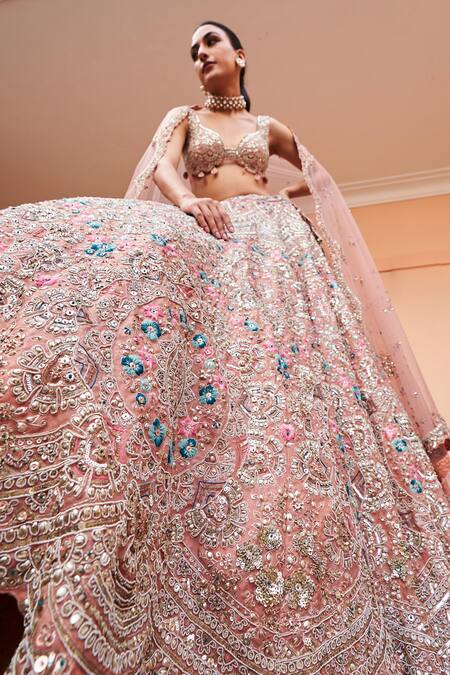 Buy Osaa By Adarsh Coral Organza Diamonds, Embroidery, Zari French Knots Blouse Bridal Lehenga Set Buy_Osaa By Adarsh_Coral Organza Diamonds, Embroidery, Zari French Knots Blouse Bridal Lehenga Set