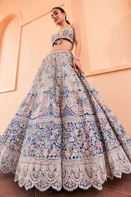 Osaa By Adarsh_Blue Organza Embroidery, Zari, Diamonds Applique Blouse Bridal Lehenga Set_Online_at_Aza_Fashions