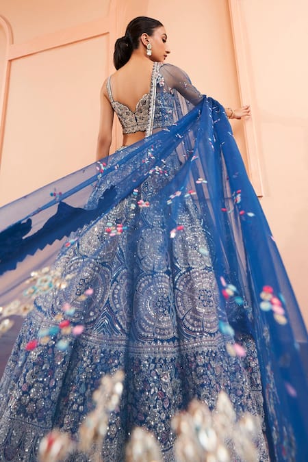 Shop_Osaa By Adarsh_Blue Organza Embroidery, Zari, Diamonds Applique Blouse Bridal Lehenga Set_Online_at_Aza_Fashions