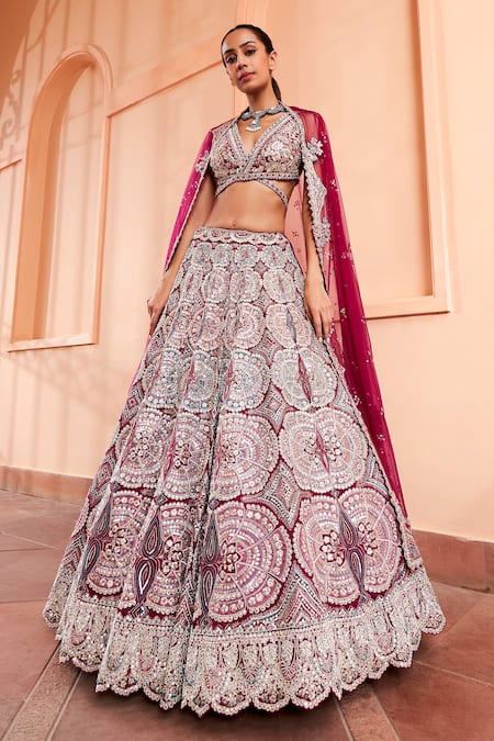 Osaa by Adarsh Purple Organza Applique Embroidered Zardosi Deep V Bridal Lehenga Set  