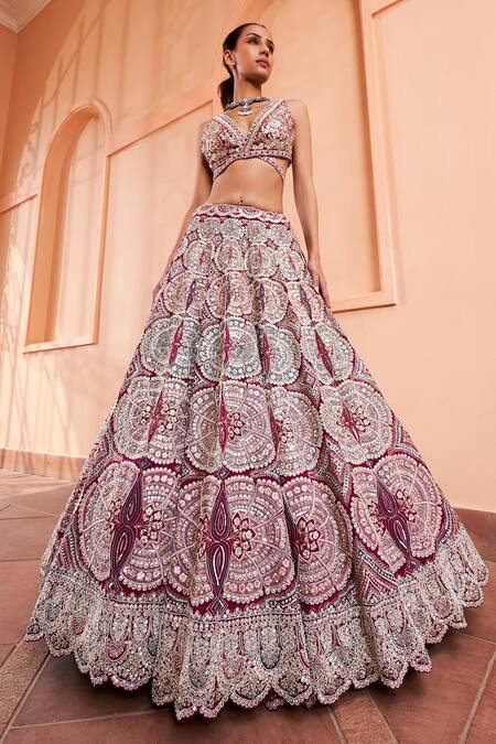 Osaa By Adarsh Purple Organza Embroidery, Zari V-neck Zardozi Bridal Lehenga Set Online at Aza Fashions Osaa By Adarsh_Purple Organza Embroidery, Zari V-neck Zardozi Bridal Lehenga Set_Online_at_Aza_Fashions