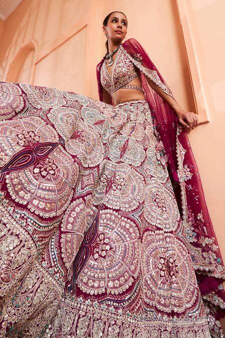 Buy Osaa By Adarsh Purple Organza Embroidery, Zari V-neck Zardozi Bridal Lehenga Set Buy_Osaa By Adarsh_Purple Organza Embroidery, Zari V-neck Zardozi Bridal Lehenga Set