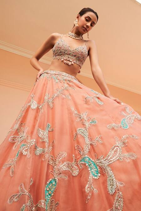 Shop Osaa By Adarsh Coral Organza Embroidery, Diamonds, Applique V-neck Aari Bridal Lehenga Set at Aza Fashions Shop_Osaa By Adarsh_Coral Organza Embroidery, Diamonds, Applique V-neck Aari Bridal Lehenga Set_at_Aza_Fashions