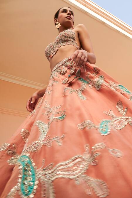 Osaa By Adarsh Coral Organza Embroidery, Diamonds, Applique V-neck Aari Bridal Lehenga Set Online at Aza Fashions Osaa By Adarsh_Coral Organza Embroidery, Diamonds, Applique V-neck Aari Bridal Lehenga Set_Online_at_Aza_Fashions