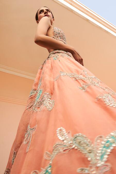 Buy Osaa By Adarsh Coral Organza Embroidery, Diamonds, Applique V-neck Aari Bridal Lehenga Set Online at Aza Fashions Buy_Osaa By Adarsh_Coral Organza Embroidery, Diamonds, Applique V-neck Aari Bridal Lehenga Set_Online_at_Aza_Fashions