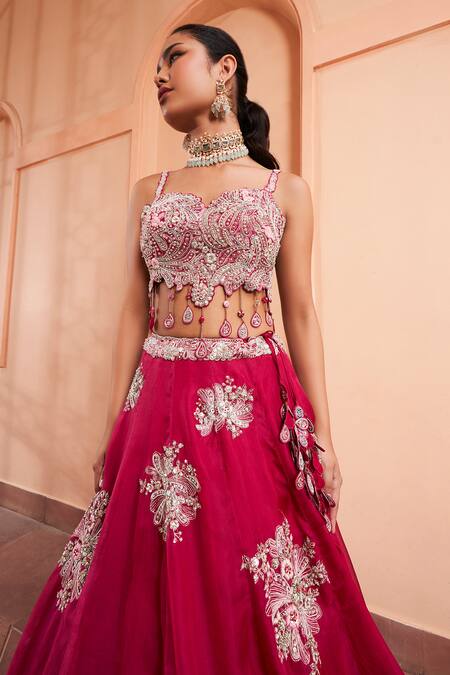 Osaa By Adarsh Red Organza Zari, Embroidery, Diamonds French Knots Bridal Lehenga Set Online at Aza Fashions Osaa By Adarsh_Red Organza Zari, Embroidery, Diamonds French Knots Bridal Lehenga Set_Online_at_Aza_Fashions