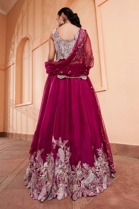 Shop Osaa By Adarsh Purple Organza Embroidery, Zari, Diamonds Round Neck Dori Bridal Lehenga Set at Aza Fashions Shop_Osaa By Adarsh_Purple Organza Embroidery, Zari, Diamonds Round Neck Dori Bridal Lehenga Set_at_Aza_Fashions