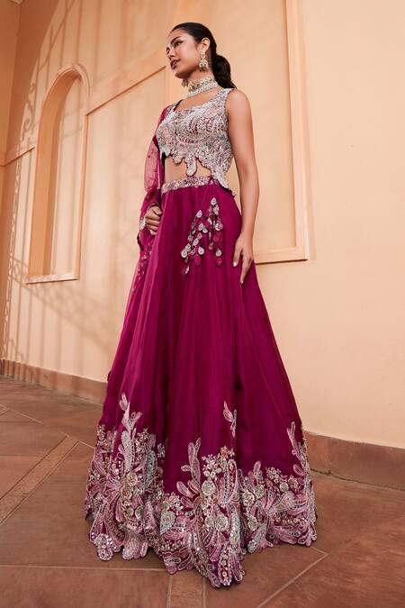 Osaa By Adarsh Purple Organza Embroidery, Zari, Diamonds Round Neck Dori Bridal Lehenga Set Online at Aza Fashions Osaa By Adarsh_Purple Organza Embroidery, Zari, Diamonds Round Neck Dori Bridal Lehenga Set_Online_at_Aza_Fashions