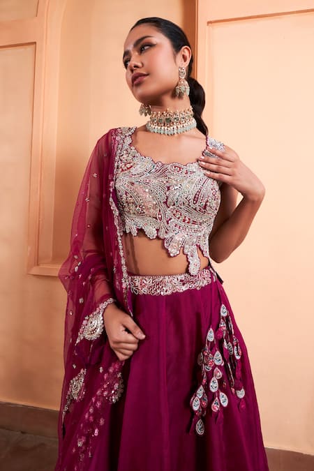 Buy Osaa By Adarsh Purple Organza Embroidery, Zari, Diamonds Round Neck Dori Bridal Lehenga Set Online at Aza Fashions Buy_Osaa By Adarsh_Purple Organza Embroidery, Zari, Diamonds Round Neck Dori Bridal Lehenga Set_Online_at_Aza_Fashions