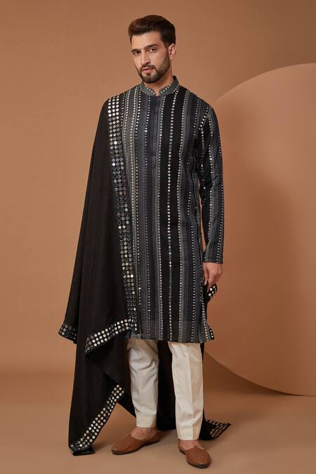 Shop_Kasbah_Black Georgette Mirrors, Embroidery Thread Mandarin Collar Kurta And Pant Set _Online_at_Aza_Fashions