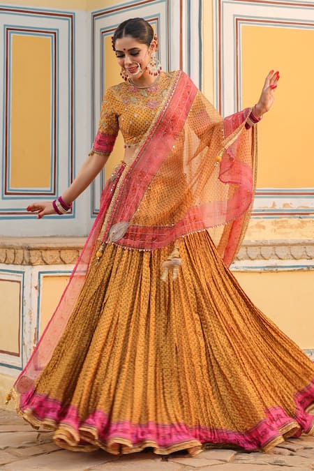 Label Niti Bothra Yellow Silk Printed And Embroidered Cheent Closed Neck Pleated Lehenga Set 