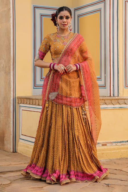 Label Niti Bothra_Yellow Silk Pearls, Applique, Sequins, Beads Cheent Print Pleated Lehenga Set _at_Aza_Fashions