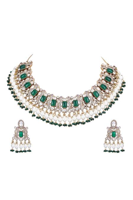 Buy_Auraa Trends_Green Stones, Zari And Kundan Embellished Necklace Set _Online_at_Aza_Fashions
