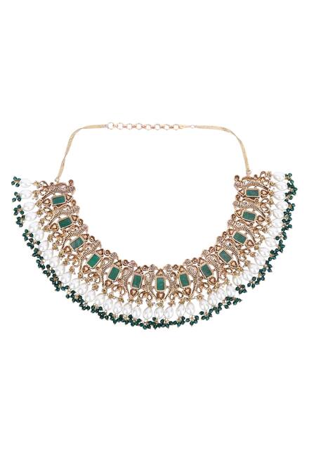 Buy_Auraa Trends_Green Stones, Zari And Kundan Embellished Necklace Set 