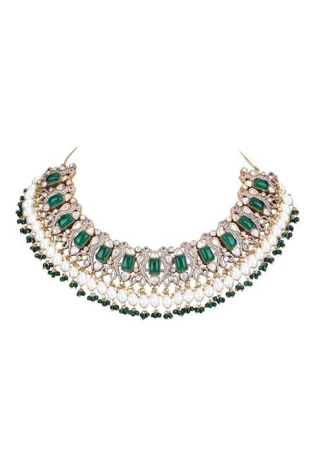 Shop_Auraa Trends_Green Stones, Zari And Kundan Embellished Necklace Set 