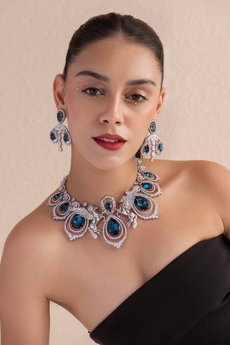 Buy_Opalina Soulful Jewellery_Silver Plated Swarovski Stone Studded Drop Necklace _Online_at_Aza_Fashions