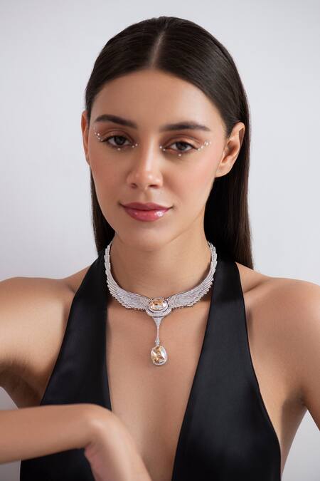 Opalina Soulful Jewellery_Silver Plated Swarovski Stone Studded Angel Wings Necklace _Online_at_Aza_Fashions