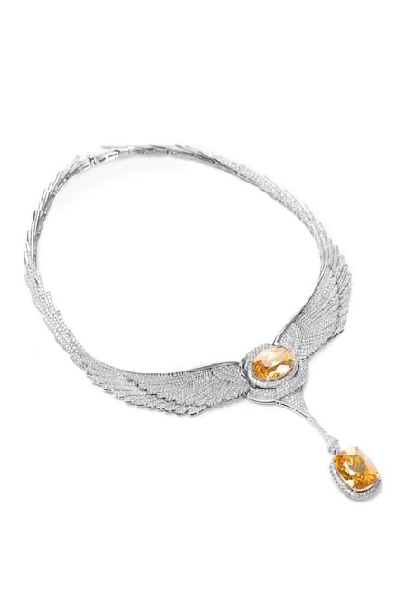 Shop_Opalina Soulful Jewellery_Silver Plated Swarovski Stone Studded Angel Wings Necklace _Online_at_Aza_Fashions