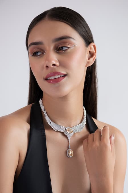 Opalina Soulful Jewellery_Silver Plated Swarovski Stone Studded Angel Wings Necklace _at_Aza_Fashions