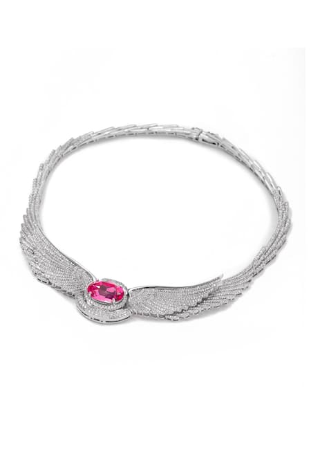 Shop_Opalina Soulful Jewellery_Silver Plated Stone Studded Angel Wings Necklace _Online_at_Aza_Fashions