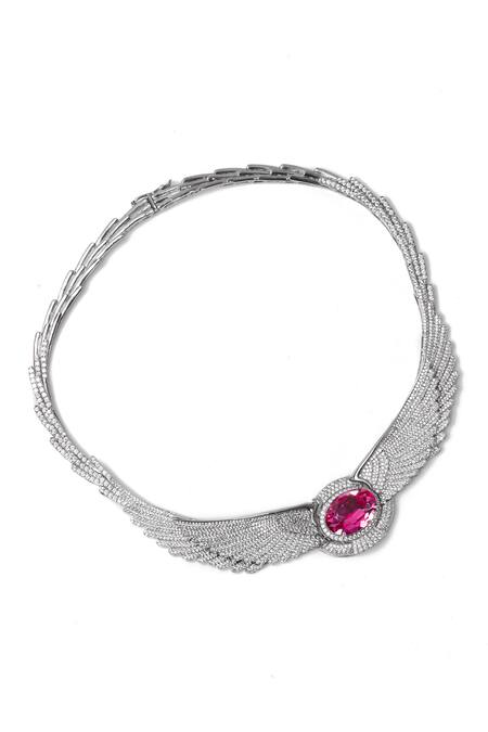 Opalina Soulful Jewellery_Silver Plated Stone Studded Angel Wings Necklace _at_Aza_Fashions