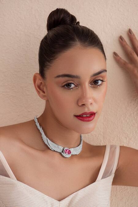 Buy_Opalina Soulful Jewellery_Silver Plated Stone Studded Angel Wings Necklace 