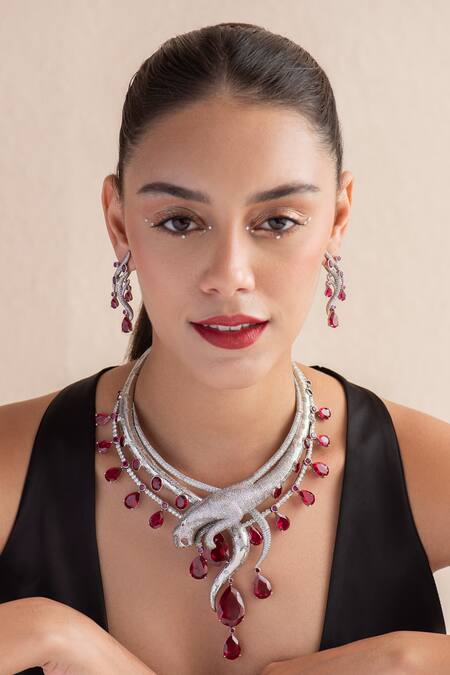 Shop_Opalina Soulful Jewellery_Silver Plated Stones Waves Swarovski Embellished Earrings _Online_at_Aza_Fashions