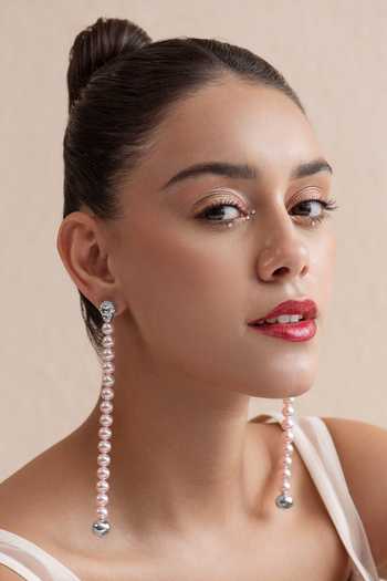 Shop_Opalina Soulful Jewellery_Pink Smocking Swarovski Pearl Embellished Long Dangler Earrings _Online_at_Aza_Fashions